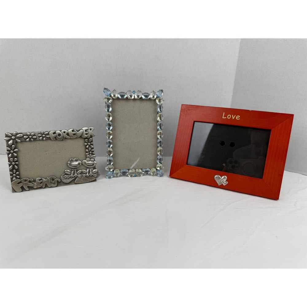 Lot of 3 Y2K Picture Frames Forever Friends Frog Crystal‎ Red Love Wood